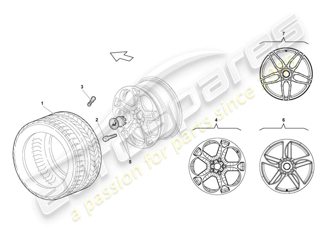 lamborghini lp640 roadster (2010) cerchio anteriore in alluminio diagramma delle parti