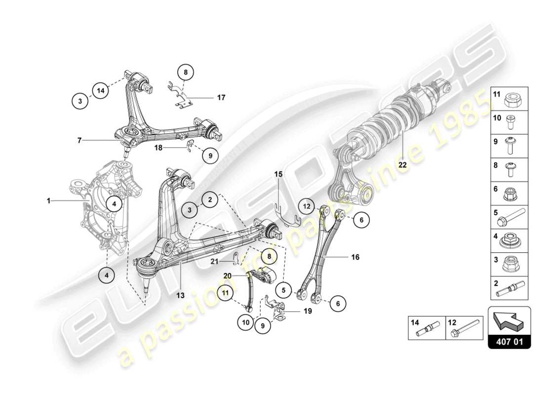 lamborghini ultimae roadster (2022) sospensione anteriore diagramma delle parti