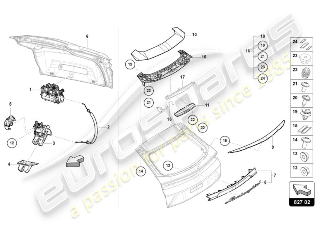 lamborghini urus (2020) schema delle parti posteriore del coperchio posteriore