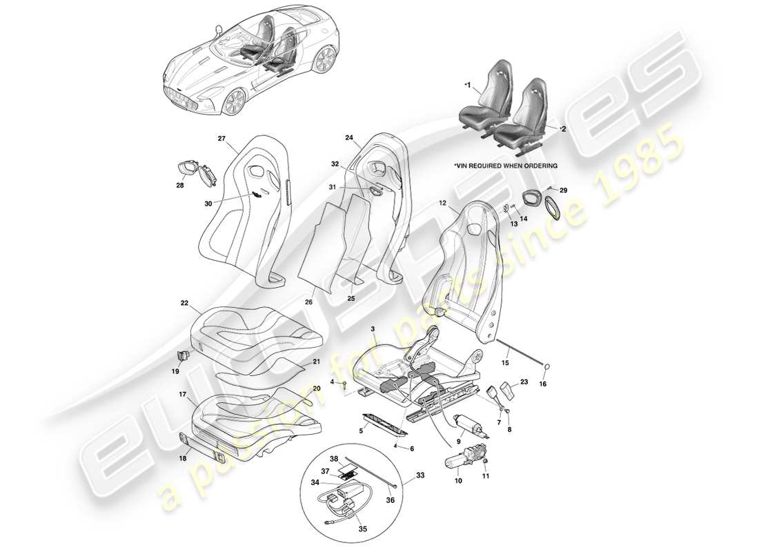 aston martin one-77 (2011) schema delle parti del sedile sportivo sparco