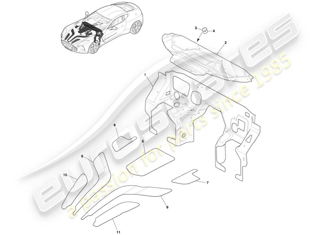 aston martin one-77 (2011) diagramma delle parti della paratia e dell'isolamento del motore
