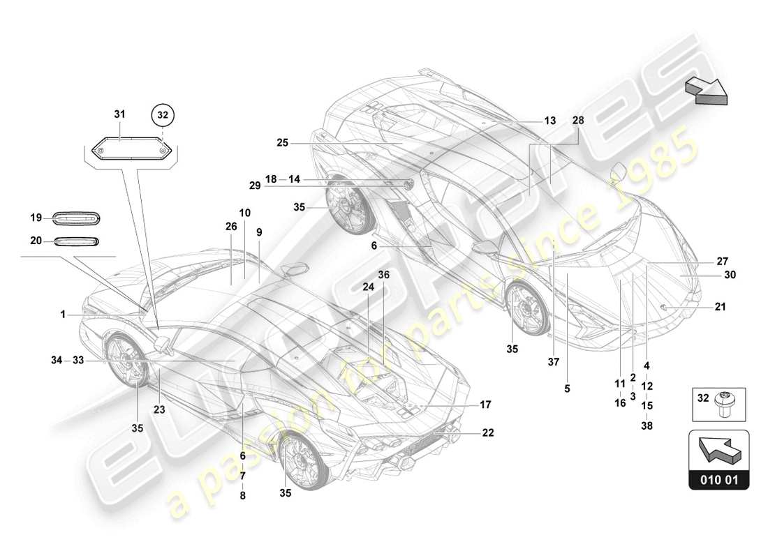 lamborghini sian roadster (2021) tipo targhe diagramma delle parti