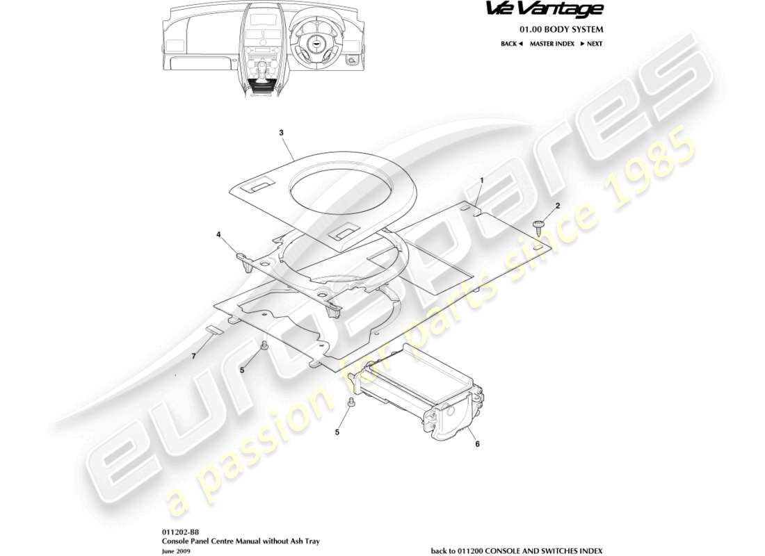 aston martin v12 vantage (2011) console anteriore, meno diagramma delle parti del posacenere