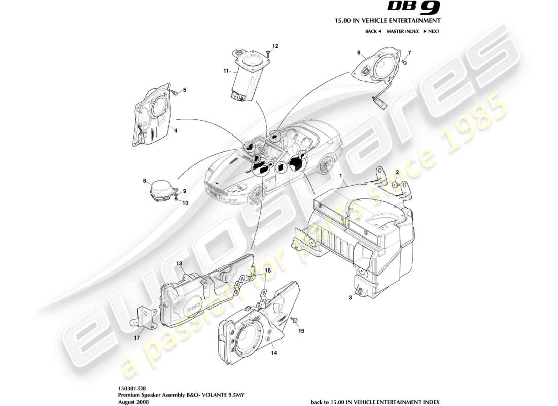 aston martin db9 (2004) lautsprecher, premium, volante teilediagramm