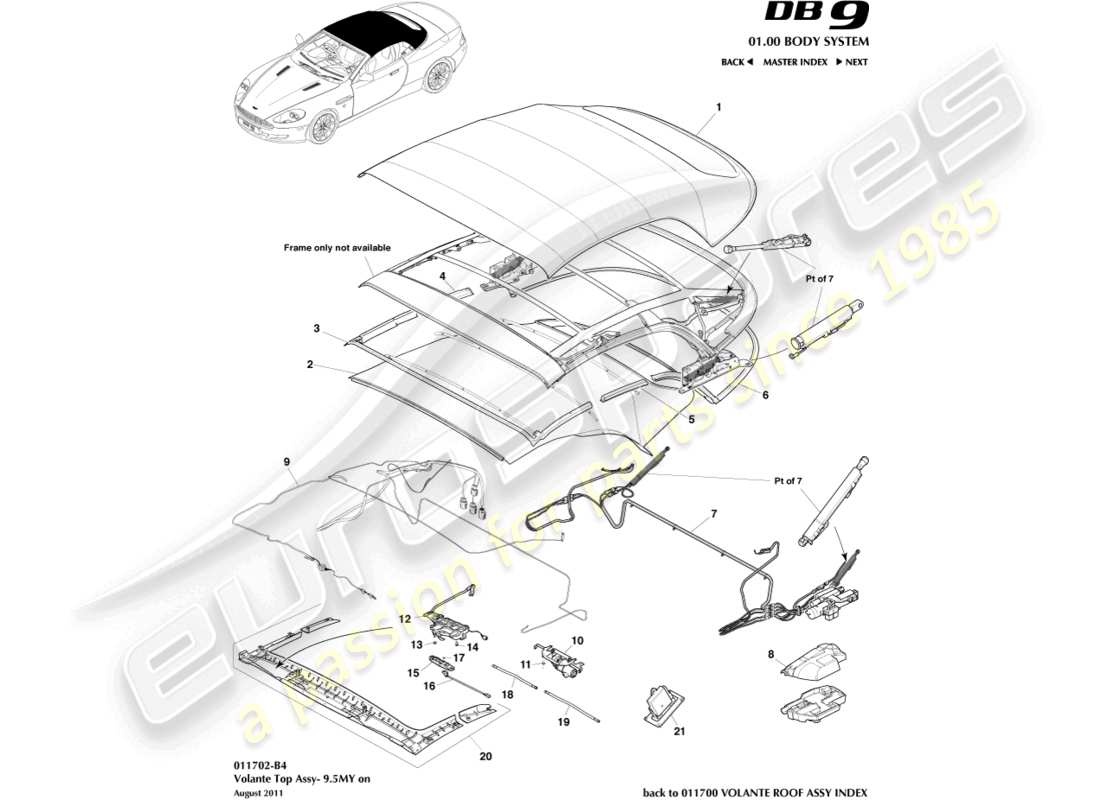 aston martin db9 (2008) assemblaggio del tetto volante, 9.5my in poi diagramma delle parti