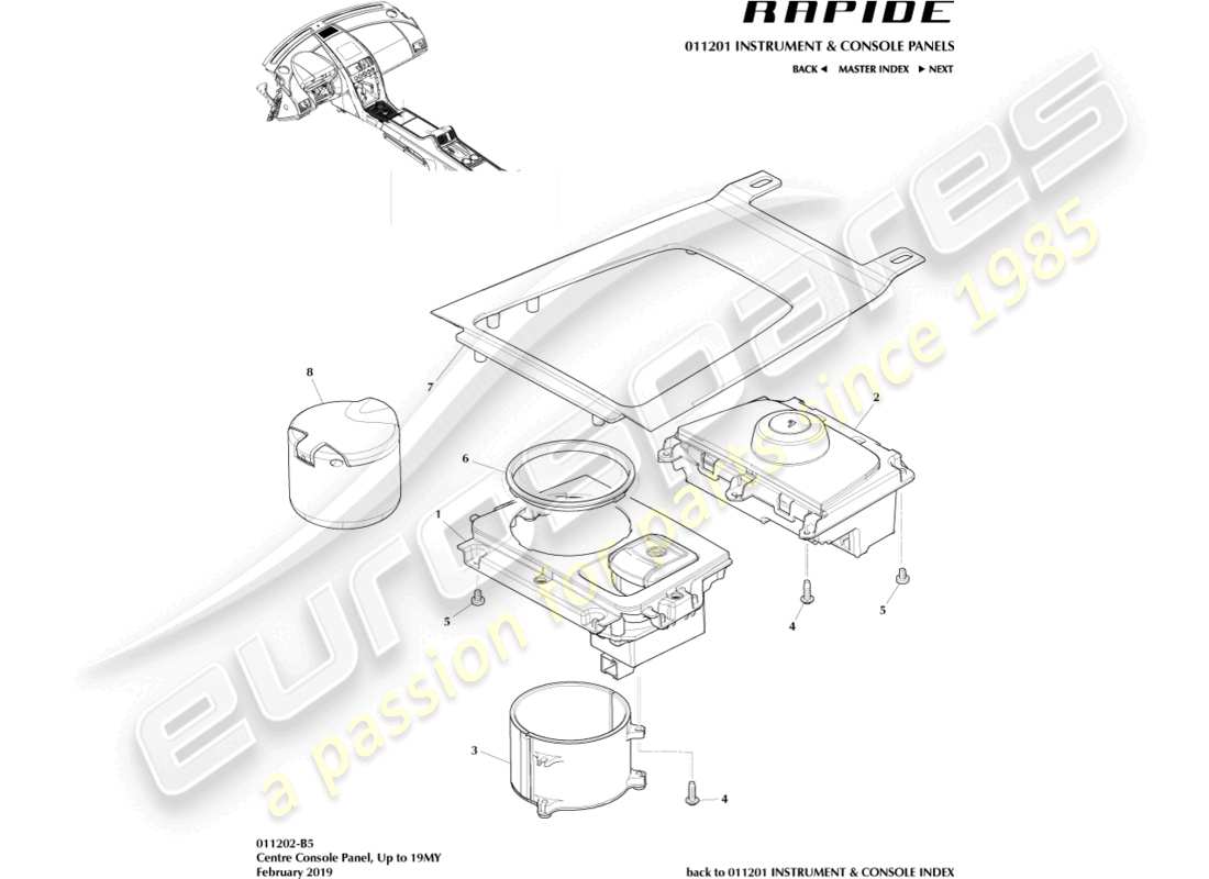 aston martin rapide (2013) mittelkonsolenpanel teilediagramm