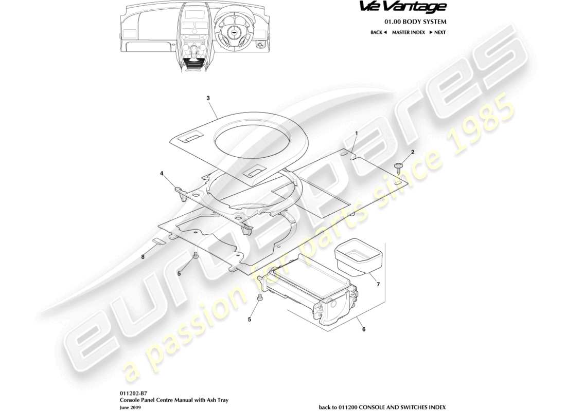aston martin v12 vantage (2010) schema delle parti della console anteriore, con posacenere