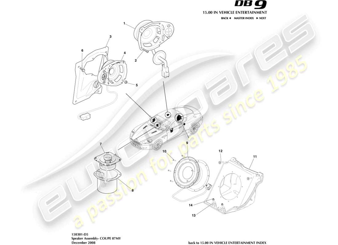 aston martin db9 (2010) altoparlanti, 07my, diagramma delle parti del coupé