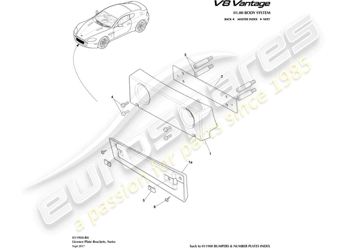 aston martin v8 vantage (2006) staffe per targa, diagramma delle parti svizzere