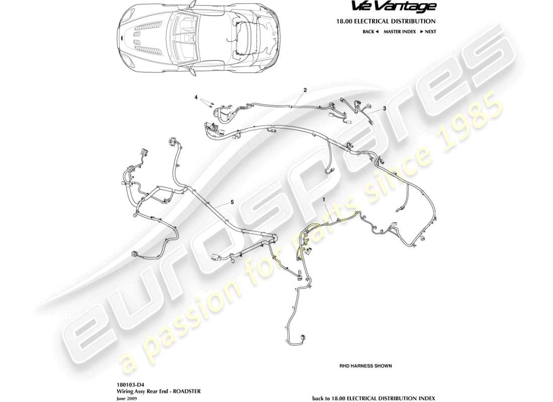 aston martin v12 vantage (2011) cablaggio dell'estremità posteriore, diagramma delle parti della roadster