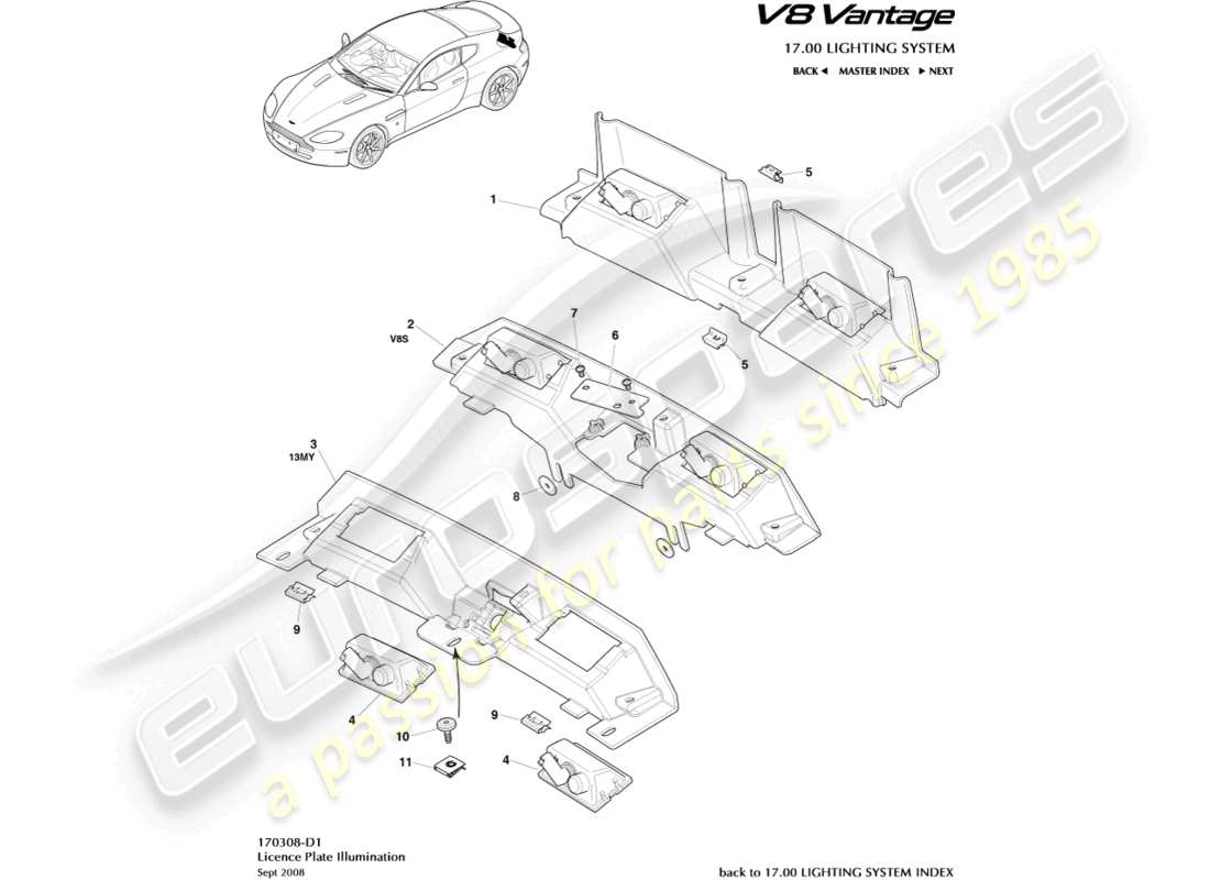 aston martin v8 vantage (2006) diagramma delle parti delle luci della targa