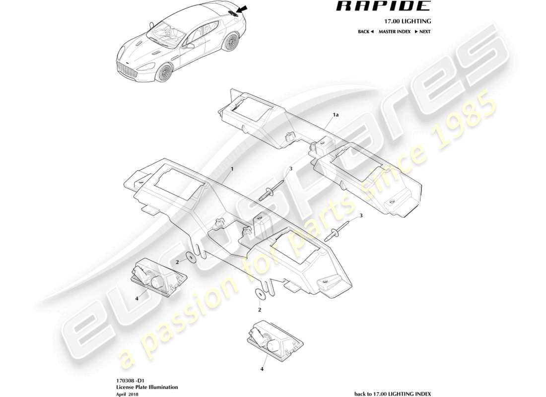 aston martin rapide (2013) kennzeichenleuchten teilediagramm
