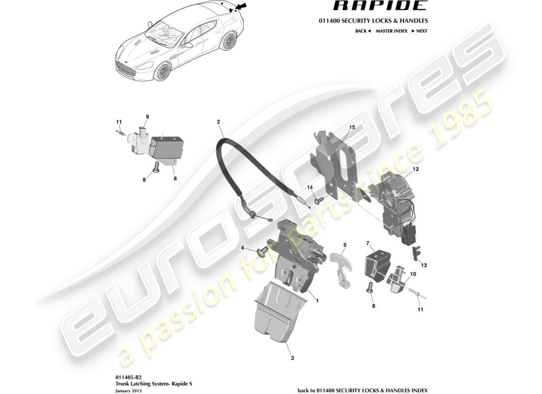 aston martin rapide (2012) sistema di chiusura del bagagliaio, s diagramma delle parti