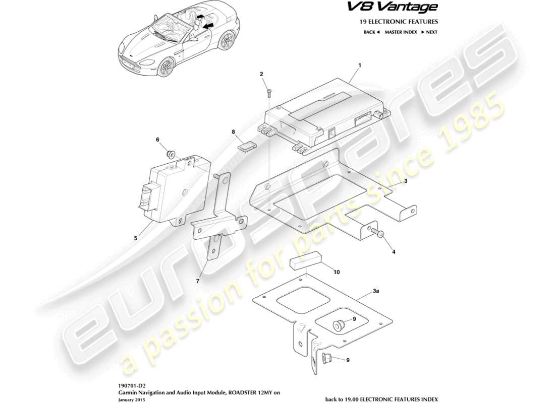 aston martin v8 vantage (2006) navigazione garmin, roadster, diagramma delle parti 12my