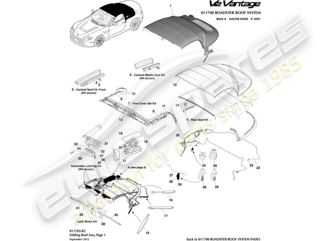 aston martin v12 vantage (2010) tetto roadster, diagramma delle parti pagina 1