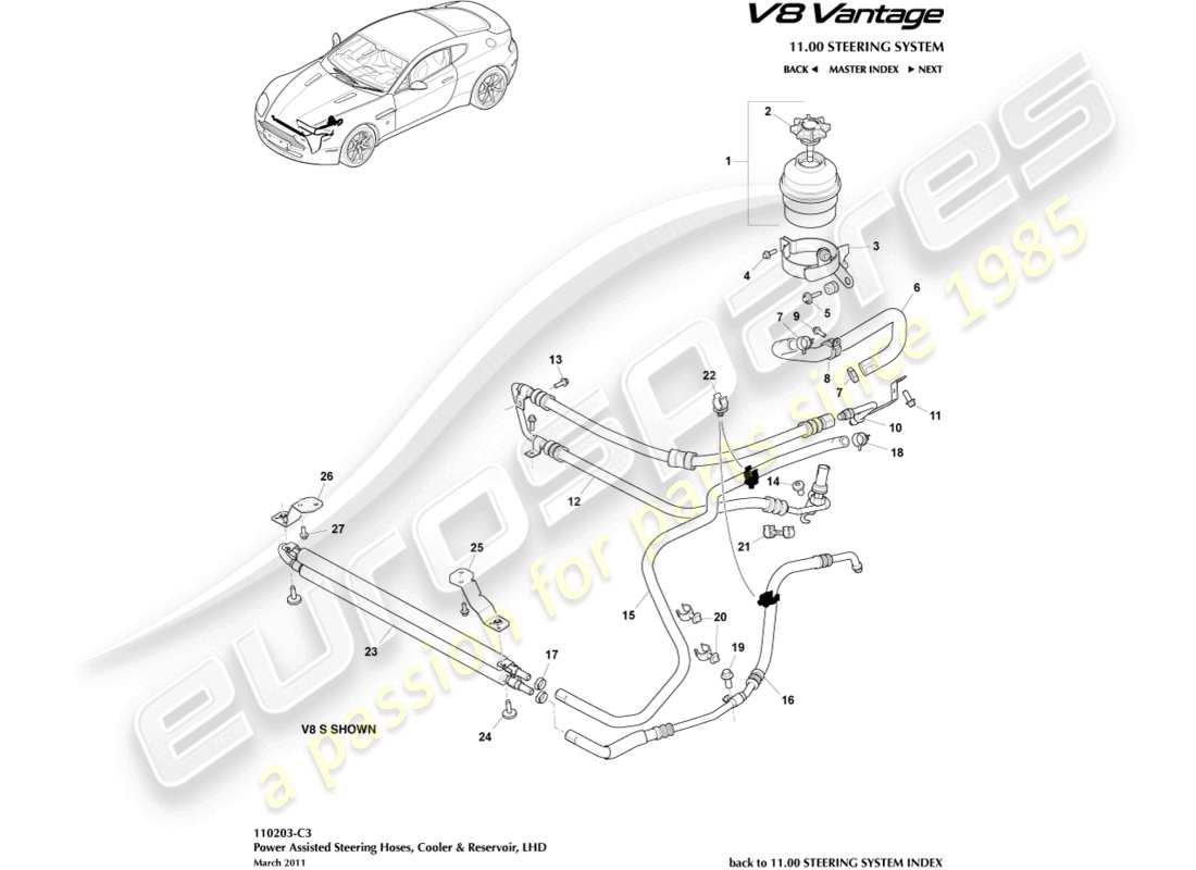 aston martin v8 vantage (2006) raffreddatore, tubi flessibili e serbatoio, diagramma delle parti hd