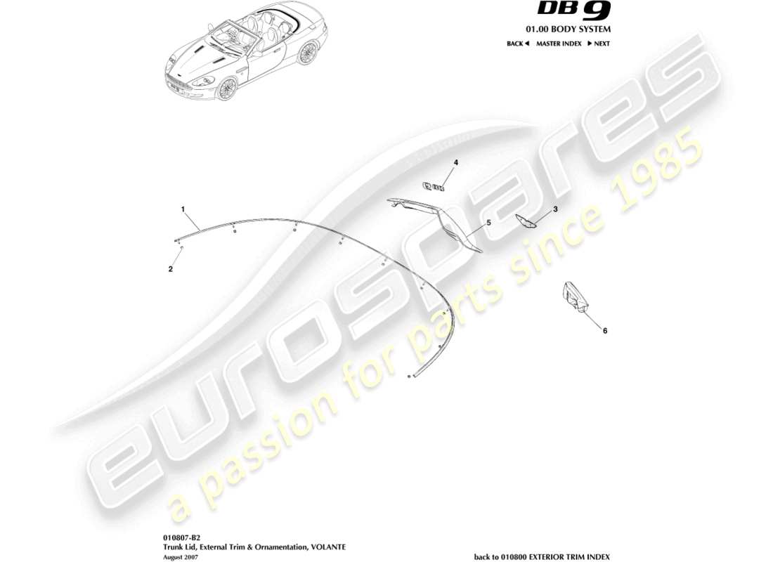 aston martin db9 (2007) rivestimento del coperchio del bagagliaio, volante diagramma delle parti