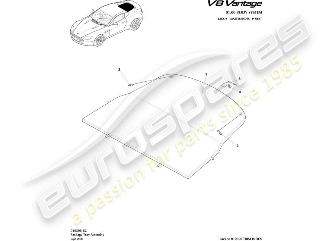 aston martin v8 vantage (2012) diagramma delle parti del gruppo vassoio della confezione