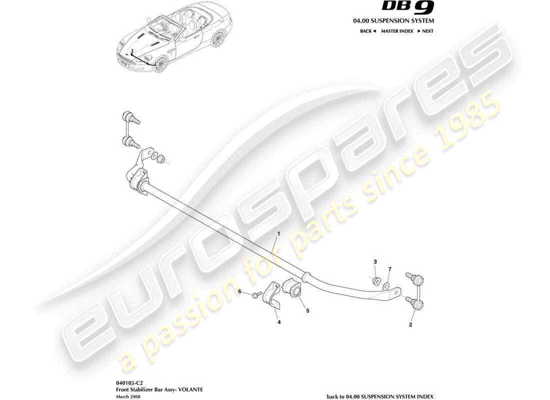 aston martin db9 (2010) barra stabilizzatrice anteriore, volante diagramma delle parti