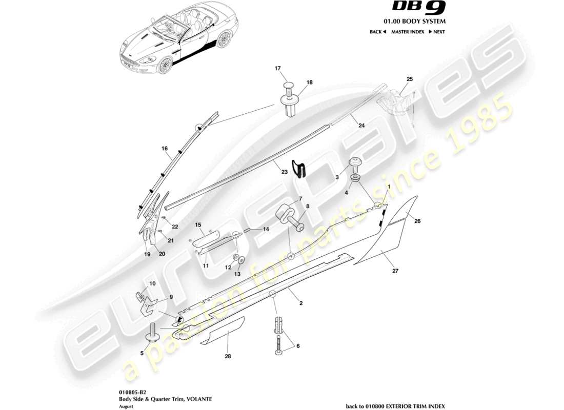 aston martin db9 (2005) rifinitura della carrozzeria e del quarto, diagramma delle parti del volante