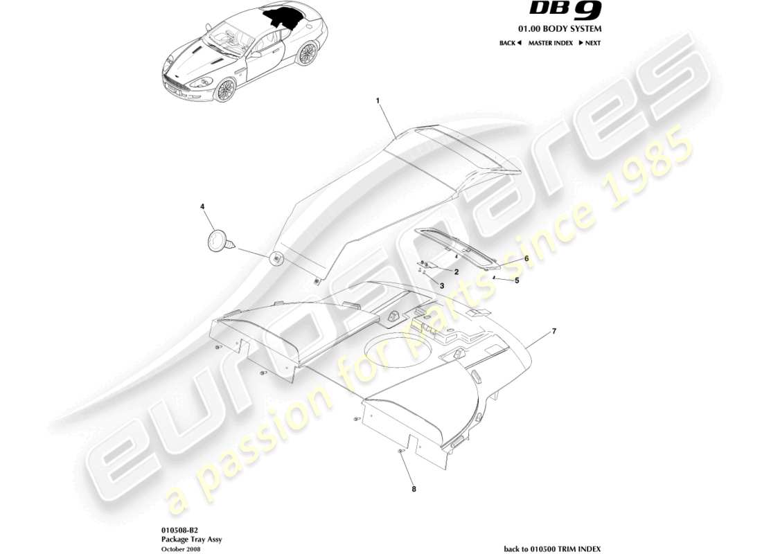 aston martin db9 (2005) diagramma delle parti del gruppo vassoio della confezione