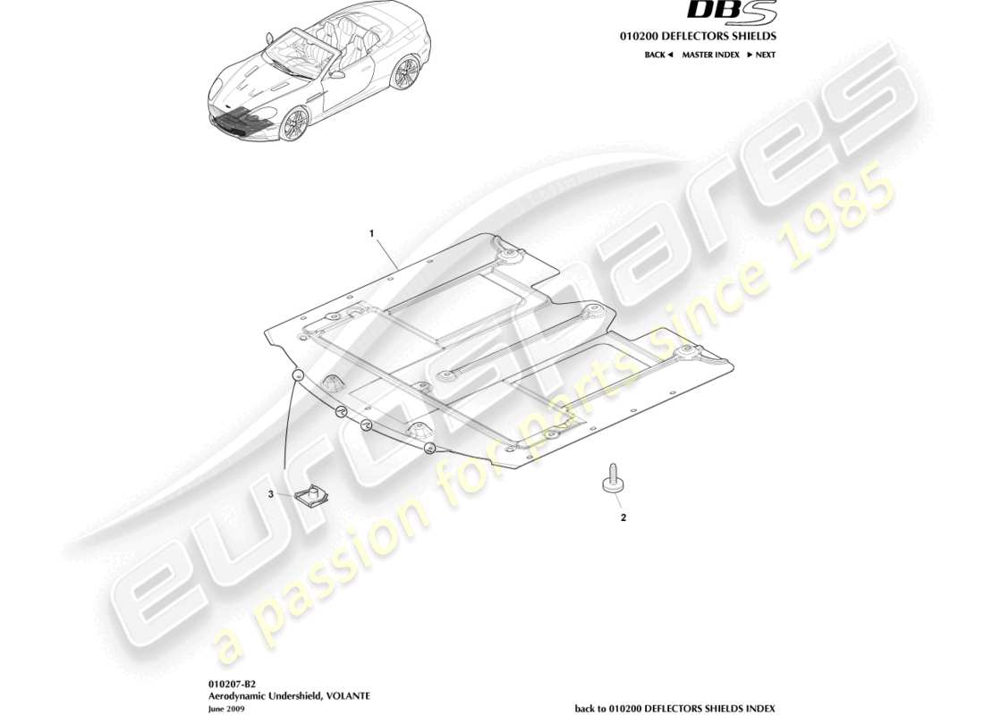 aston martin dbs (2007) sottoscudo anteriore, volante diagramma delle parti