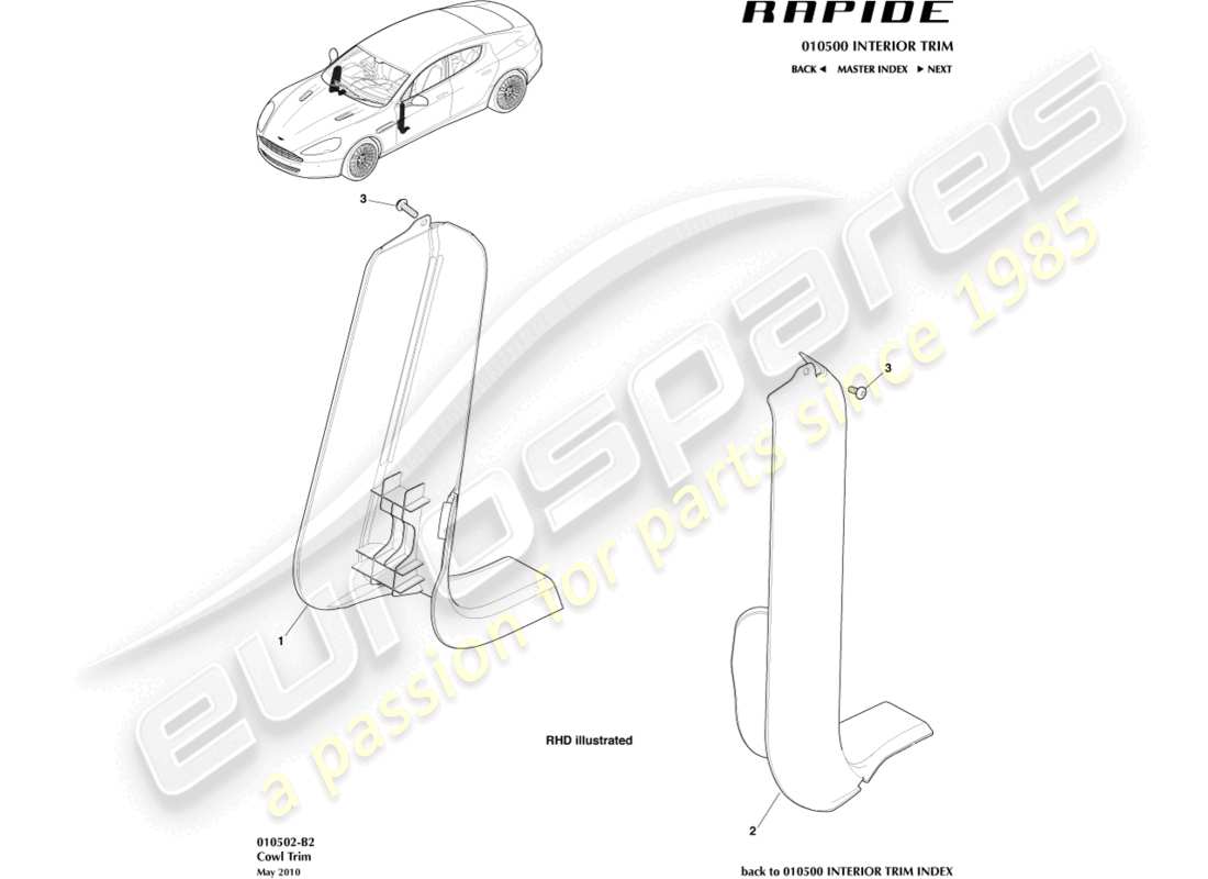 aston martin rapide (2013) untere motorhaubenverkleidung teilediagramm