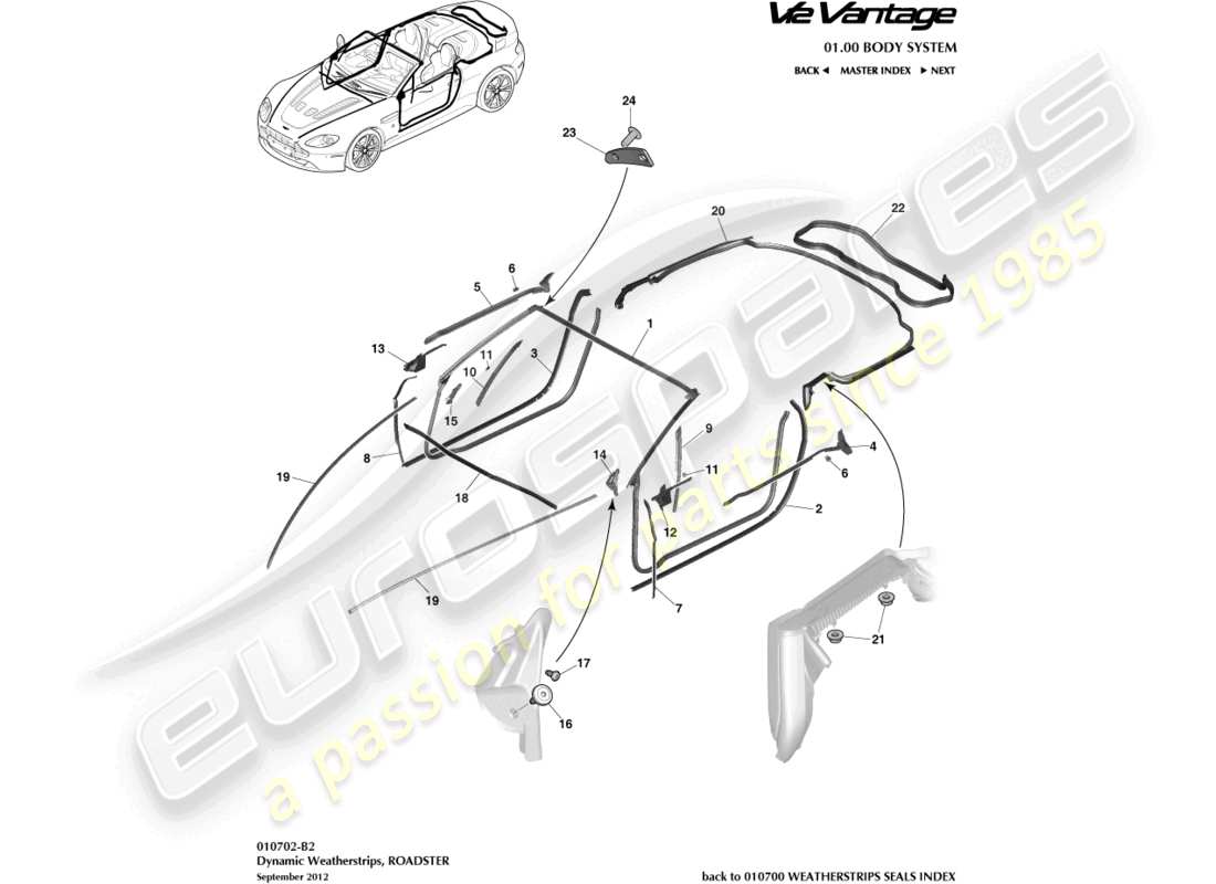 aston martin v12 vantage (2011) guarnizioni dinamiche, diagramma delle parti della roadster