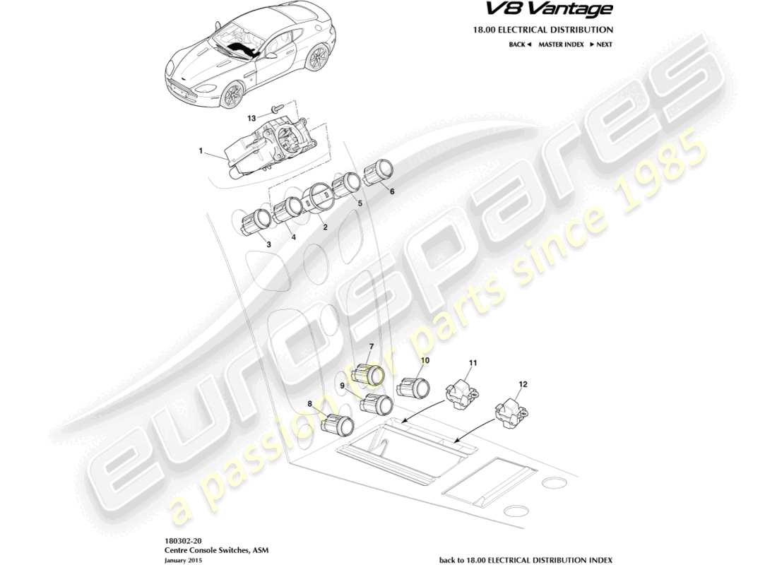 aston martin v8 vantage (2006) interruttori della pila centrale, asm, diagramma delle parti 16my