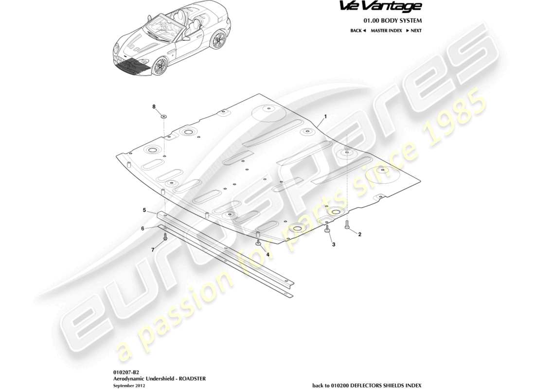 aston martin v12 vantage (2010) sottoscocca anteriore, schema delle parti della roadster