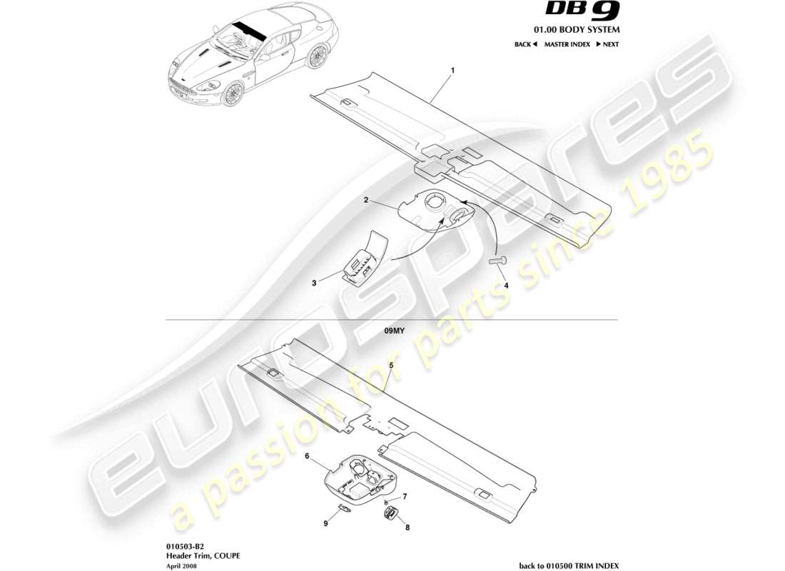 aston martin db9 (2009) rivestimento della testata, coupé diagramma delle parti