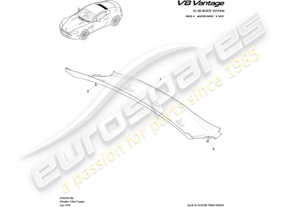 aston martin v8 vantage (2012) schema delle parti del rivestimento della testata, posteriore e coupé