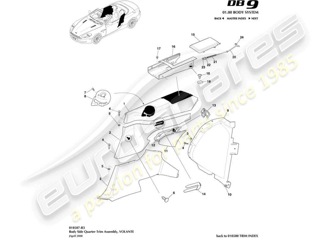 aston martin db9 (2009) karosserieseitige viertelverkleidung, volante teilediagramm