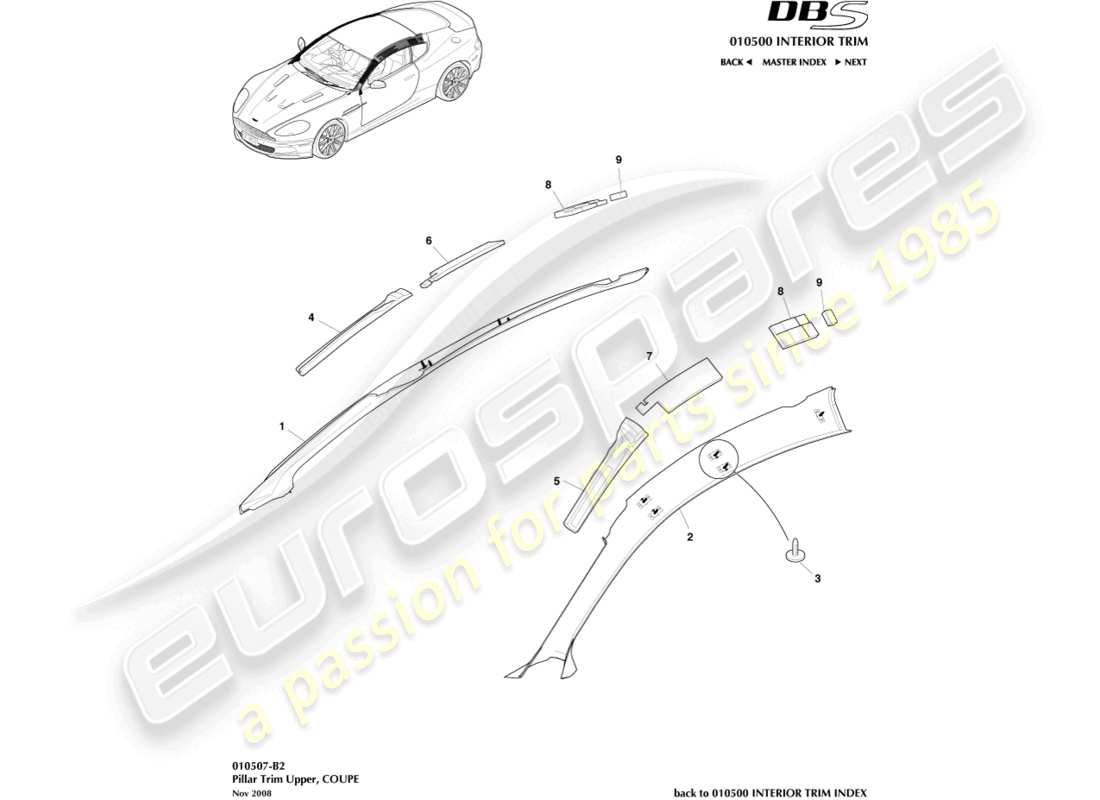 aston martin dbs (2008) rivestimento montante, superiore, coupé diagramma delle parti