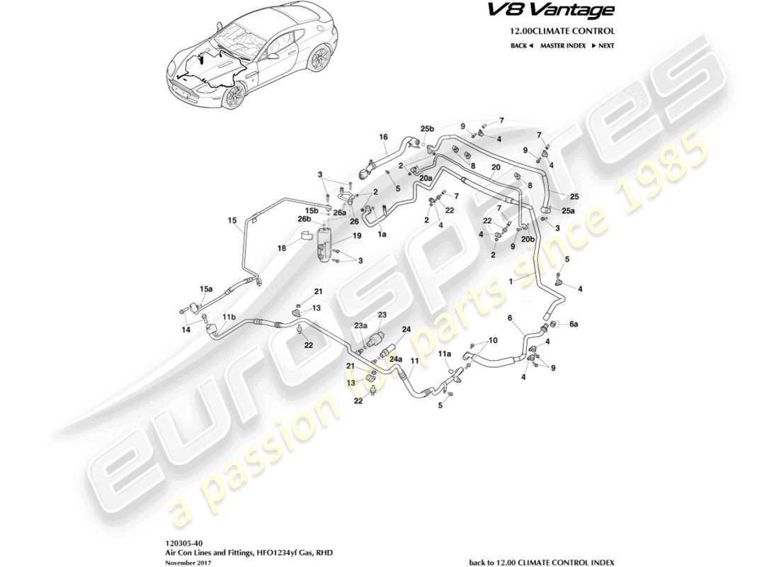 aston martin v8 vantage (2006) linee di aria condizionata, gas hfo1234yf, diagramma delle parti con guida a destra