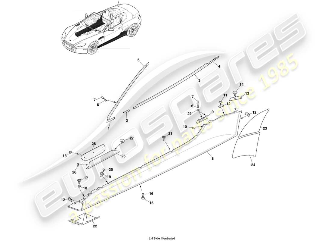 aston martin v8 vantage (2005) schema delle parti della carrozzeria e del quartiere, schema delle parti della roadster