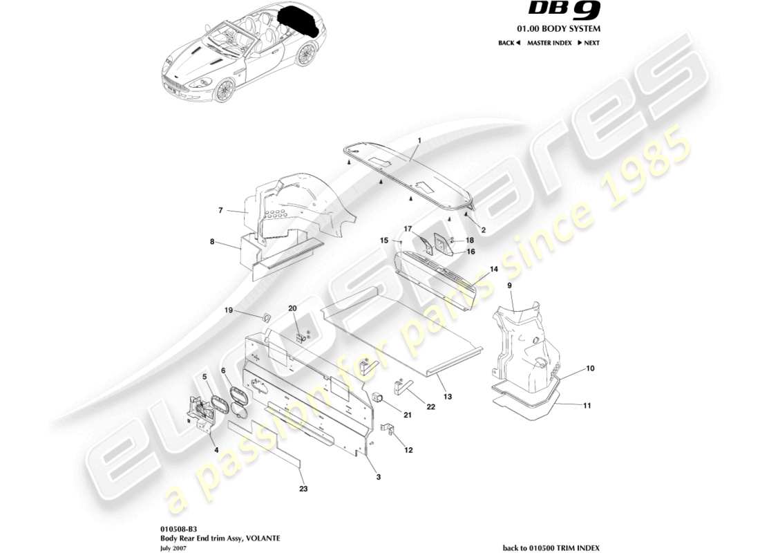 aston martin db9 (2007) rivestimento della parte posteriore, volante diagramma delle parti