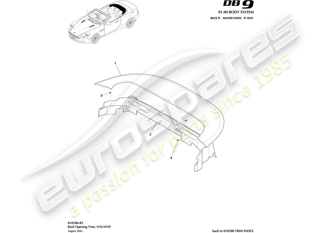 aston martin db9 (2005) diagramma delle parti del rivestimento dell'apertura del tetto