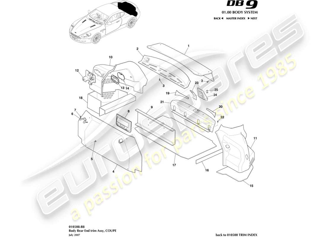 aston martin db9 (2005) rivestimento della parte posteriore, diagramma delle parti della coupé