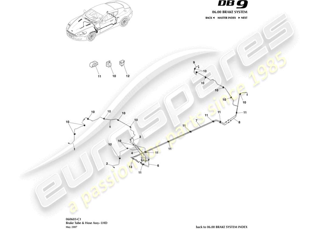 aston martin db9 (2010) diagramma delle parti di tubazioni e tubi flessibili dei freni, guida a sinistra