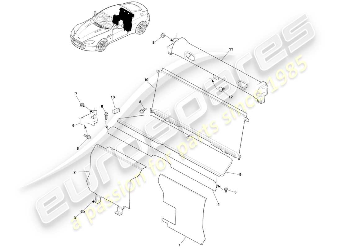 aston martin v8 vantage (2005) rivestimento della parte posteriore, diagramma delle parti della coupé