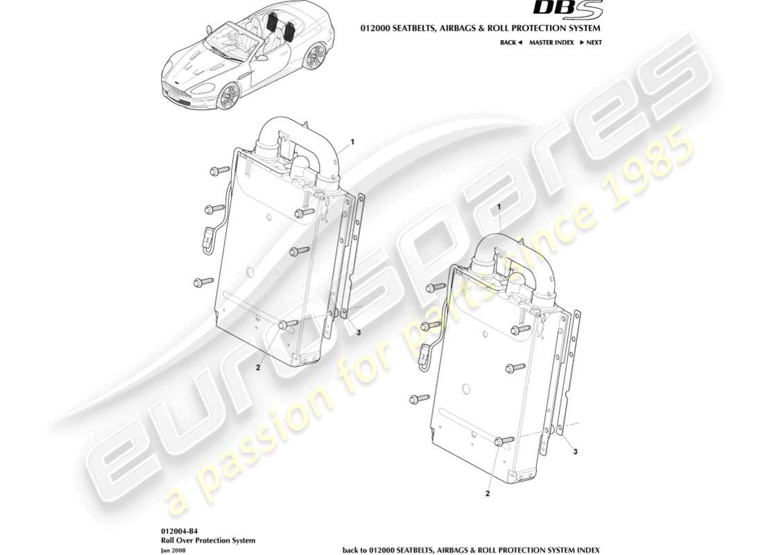 aston martin dbs (2008) installazione rops, volante diagramma delle parti