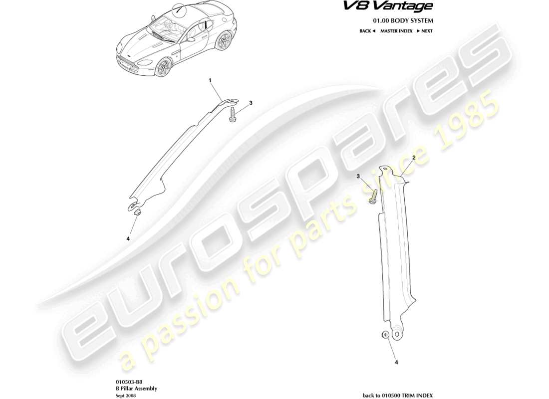 aston martin v8 vantage (2006) diagramma delle parti del gruppo montante b