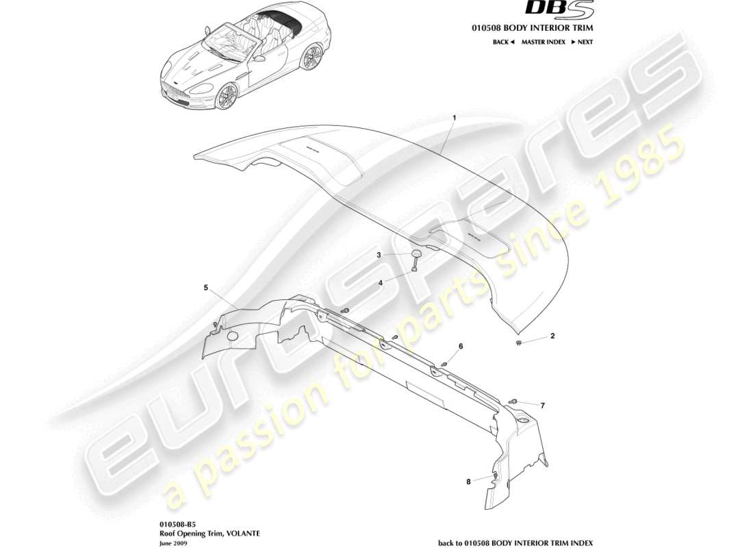 aston martin dbs (2010) dachöffnungsverkleidung teilediagramm
