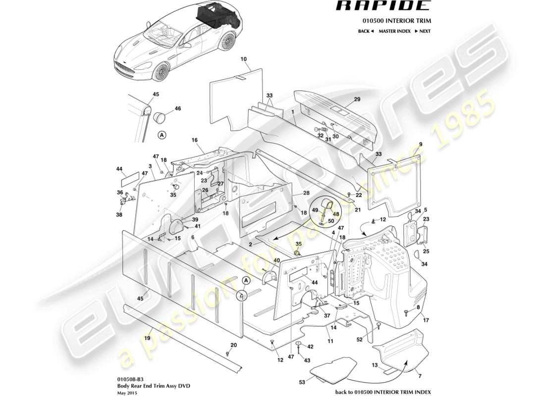 aston martin rapide (2014) assetto del compartimento di carico diagramma delle parti