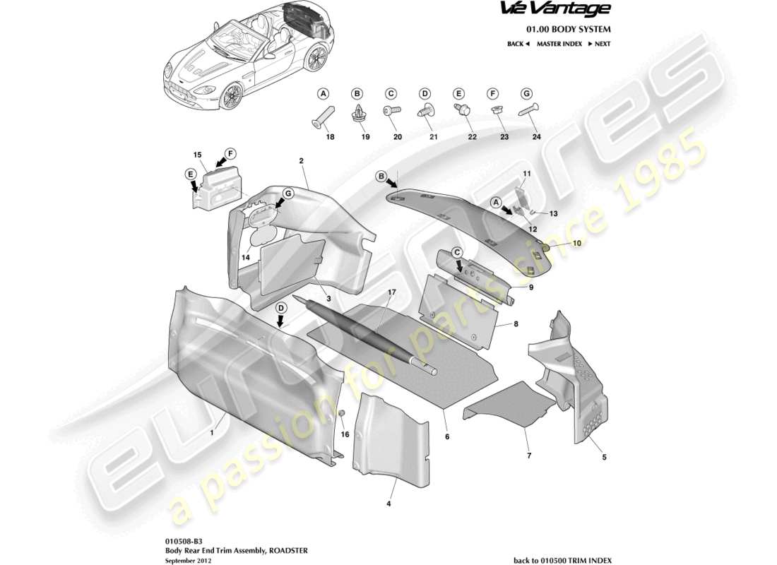 aston martin v12 vantage (2011) rivestimento del vano di carico, diagramma delle parti della roadster