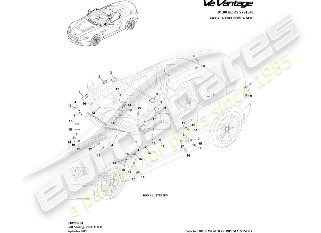 aston martin v12 vantage (2011) tenuta morbida, diagramma delle parti della roadster