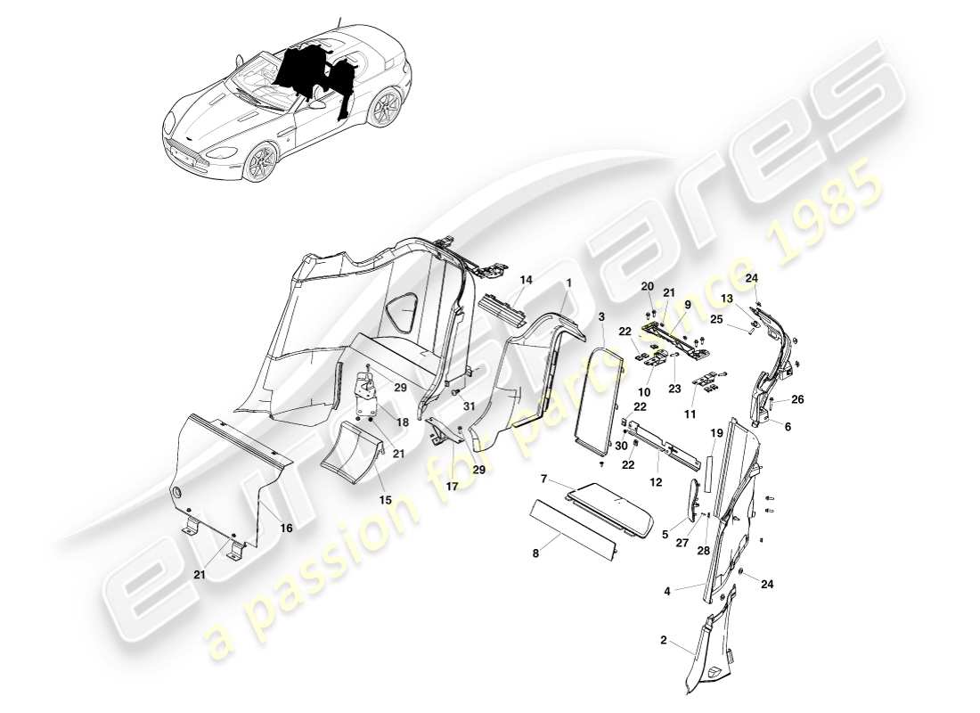 aston martin v8 vantage (2005) rifinitura del quarto laterale della carrozzeria, diagramma delle parti della roadster