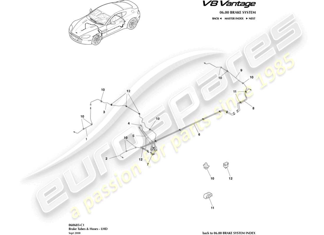 aston martin v8 vantage (2006) diagramma delle parti di tubazioni e tubi flessibili dei freni, guida a sinistra