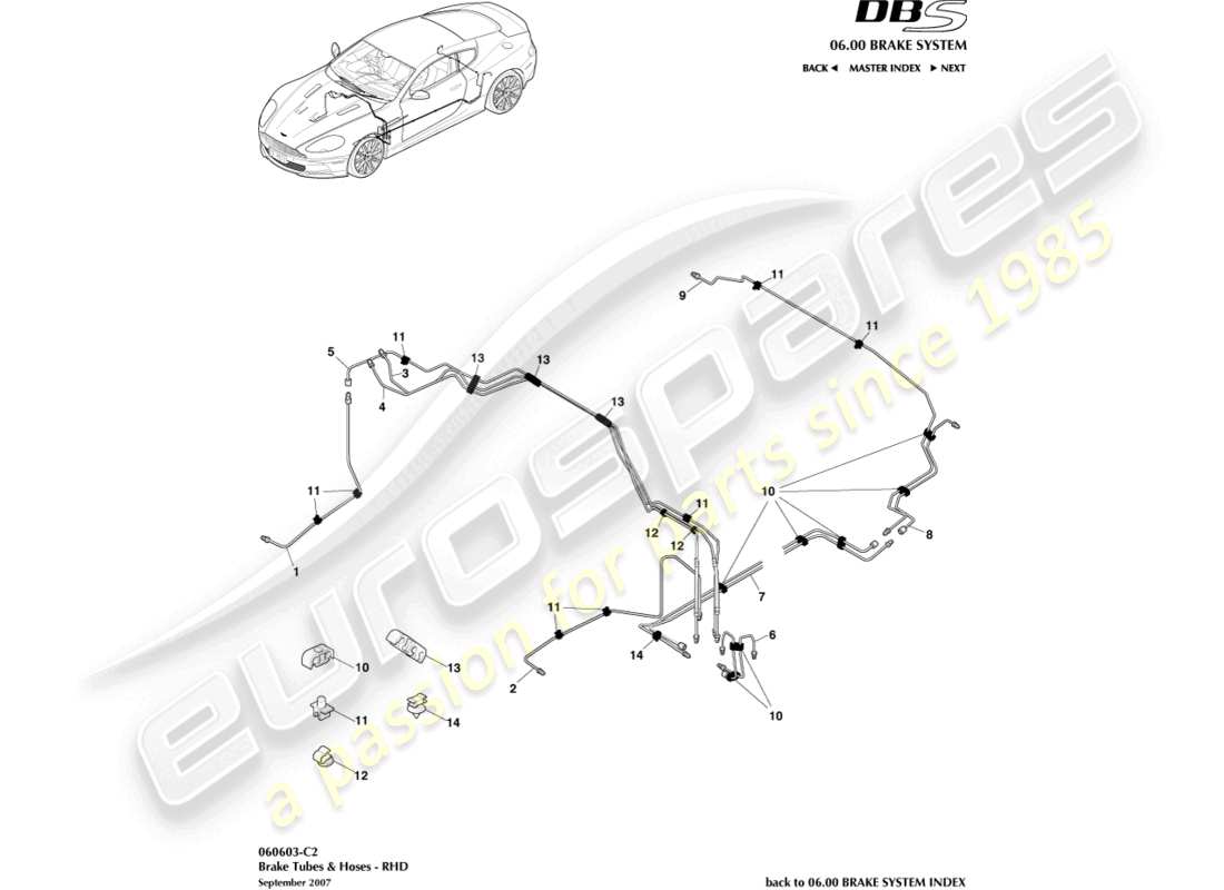 aston martin dbs (2009) tubi e tubi flessibili dei freni, guida a destra diagramma delle parti